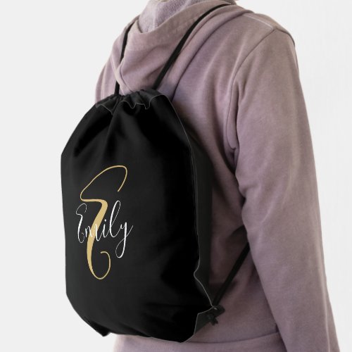 Modern Elegant Black Gold Monogram Script Name Drawstring Bag