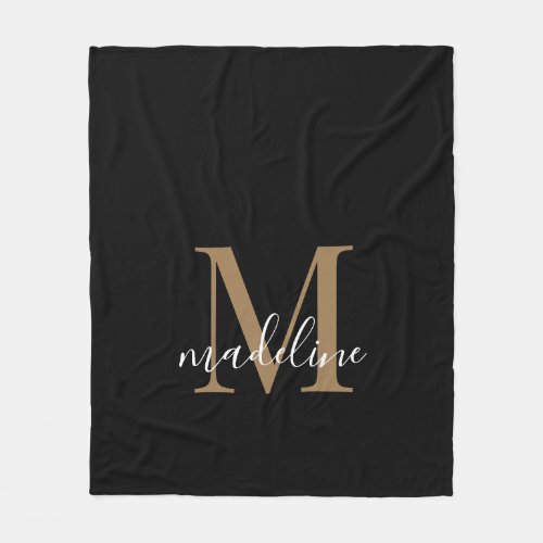 Modern Elegant Black Gold Monogram Script Name   Fleece Blanket