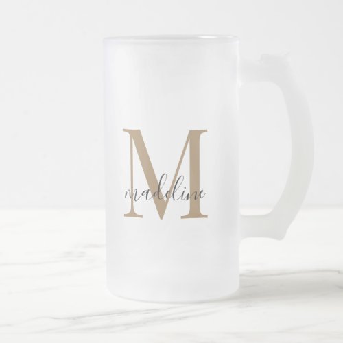 Modern Elegant Black Gold Monogram Script Name   Frosted Glass Beer Mug