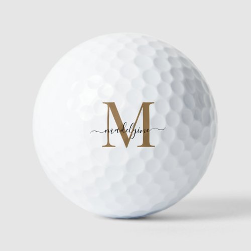 Modern Elegant Black Gold Monogram Script Name  Go Golf Balls