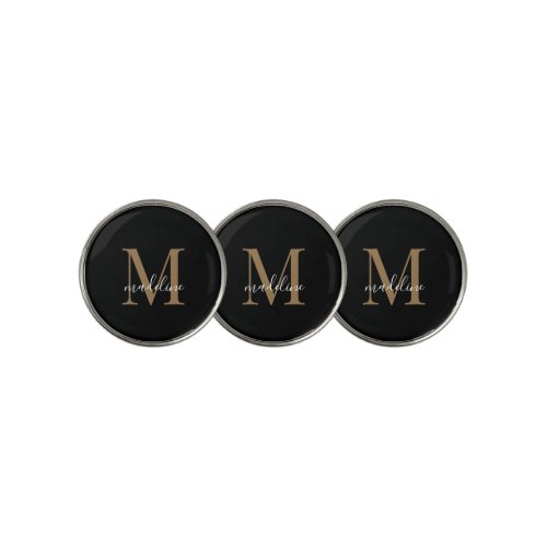 Modern Elegant Black Gold Monogram Script Name  Golf Ball Marker