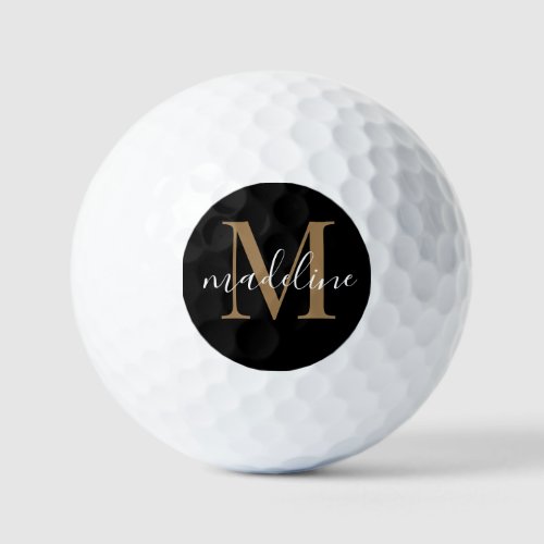 Modern Elegant Black Gold Monogram Script Name  Golf Balls