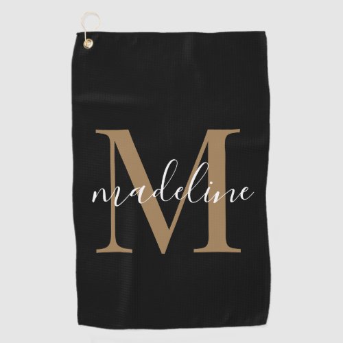 Modern Elegant Black Gold Monogram Script Name  Golf Towel