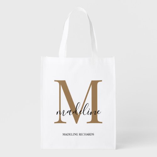 Modern Elegant Black Gold Monogram Script Name   Grocery Bag