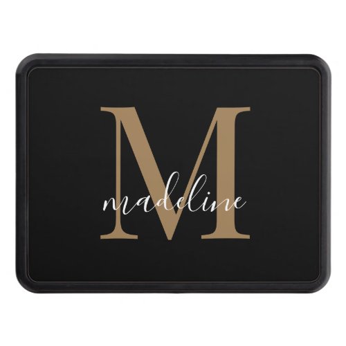 Modern Elegant Black Gold Monogram Script Name   Hitch Cover