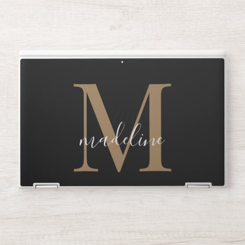Modern Elegant Black Gold Monogram Script Name HP Laptop Skin