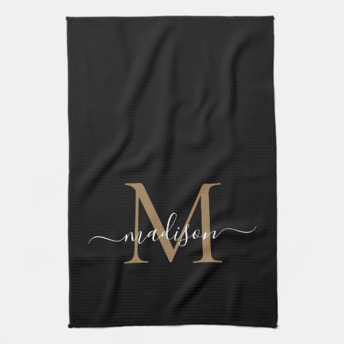 Modern Elegant Black Gold Monogram Script Name Kitchen Towel