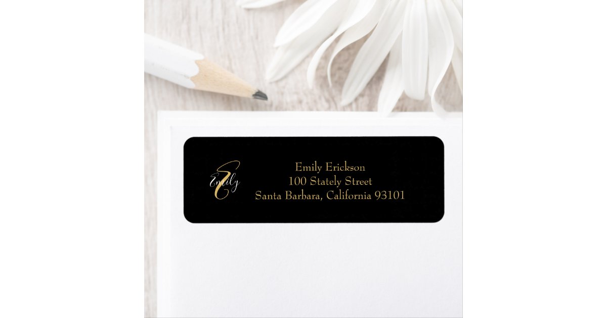 Modern Elegant Black Gold Monogram Script Name Label | Zazzle