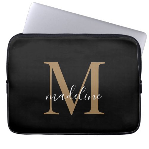 Modern Elegant Black Gold Monogram Script Name   Laptop Sleeve