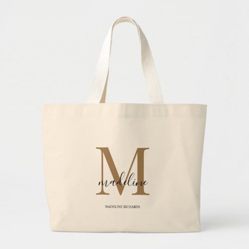 Modern Elegant Black Gold Monogram Script Name   Large Tote Bag