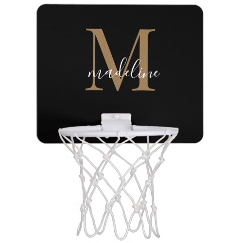 Modern Elegant Black Gold Monogram Script Name  Mini Basketball Hoop