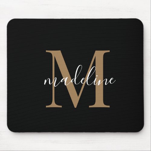 Modern Elegant Black Gold Monogram Script Name  Mouse Pad