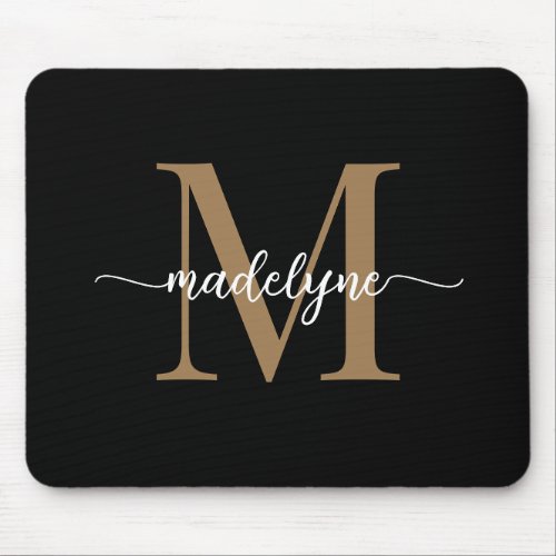 Modern Elegant Black Gold Monogram Script Name   Mouse Pad