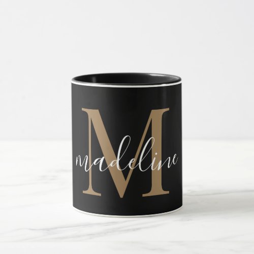 Modern Elegant Black Gold Monogram Script Name   Mug