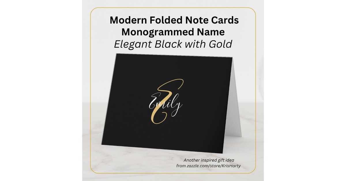 Modern Elegant Black Gold Monogram Script Name Note Card | Zazzle