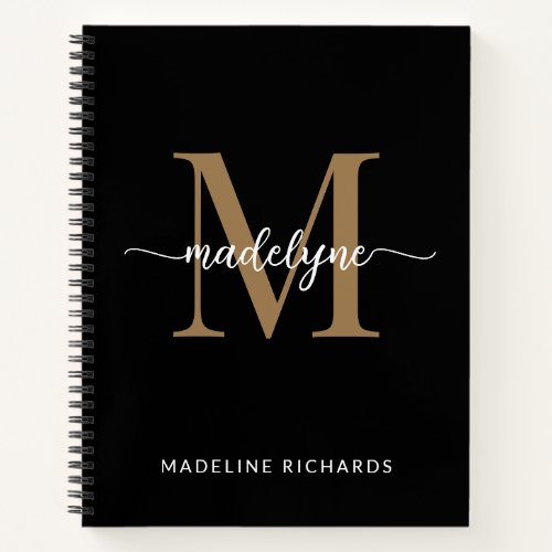 Modern Elegant Black Gold Monogram Script Name   Notebook