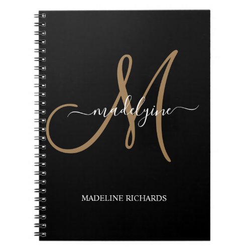 Modern Elegant Black Gold Monogram Script Name  Notebook