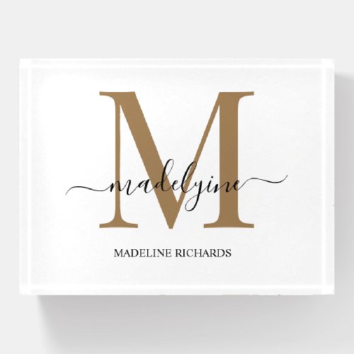 Modern Elegant Black Gold Monogram Script Name  Pa Paperweight