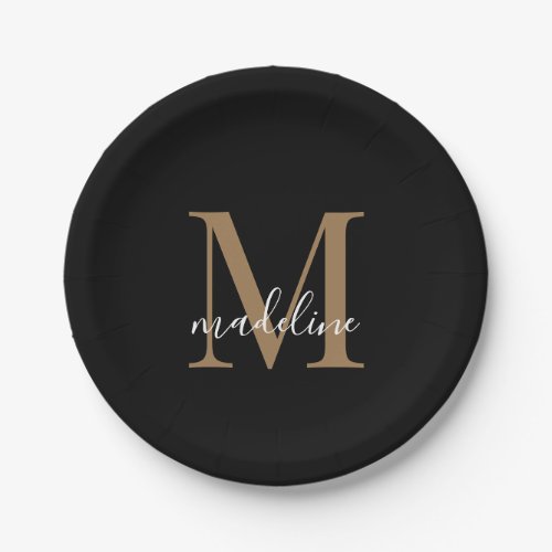 Modern Elegant Black Gold Monogram Script Name  Paper Plates