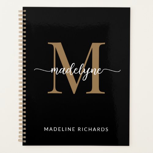 Modern Elegant Black Gold Monogram Script Name   Planner