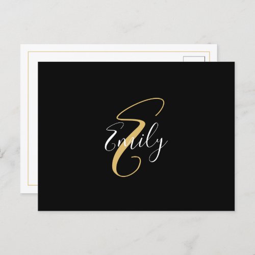Modern Elegant Black Gold Monogram Script Name Postcard