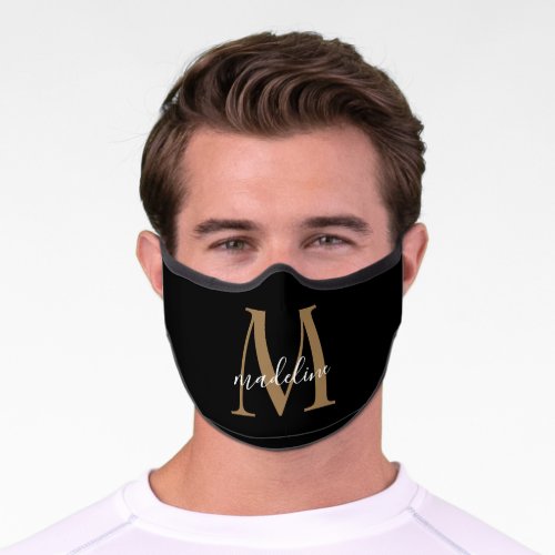 Modern Elegant Black Gold Monogram Script Name    Premium Face Mask