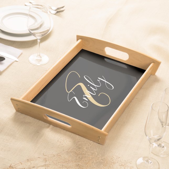 Modern Elegant Black Gold Monogram Script Name Serving Tray (Front)