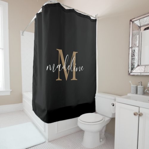 Modern Elegant Black Gold Monogram Script Name  Shower Curtain