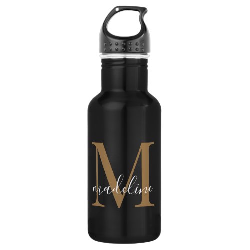 Modern Elegant Black Gold Monogram Script Name  Stainless Steel Water Bottle
