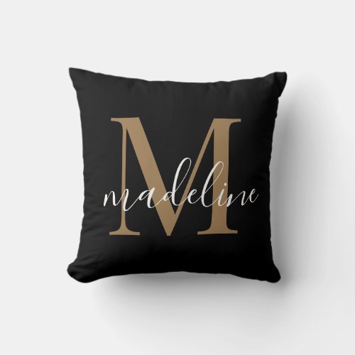 Modern Elegant Black Gold Monogram Script Name   Throw Pillow