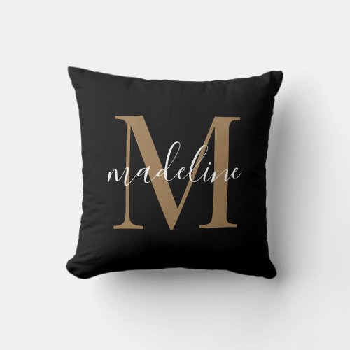 Modern Elegant Black Gold Monogram Script Name  Throw Pillow