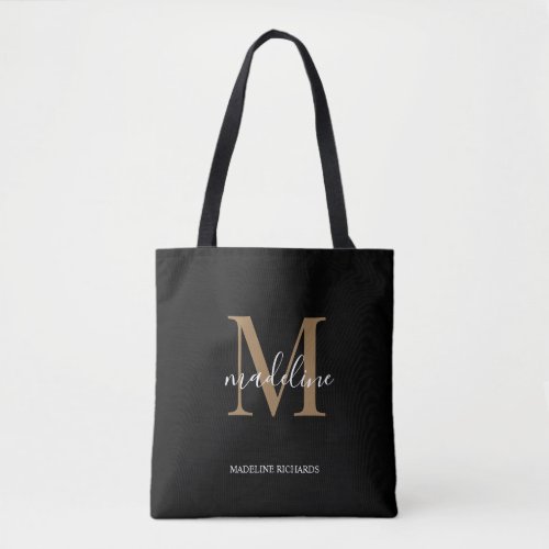 Modern Elegant Black Gold Monogram Script Name  Tote Bag