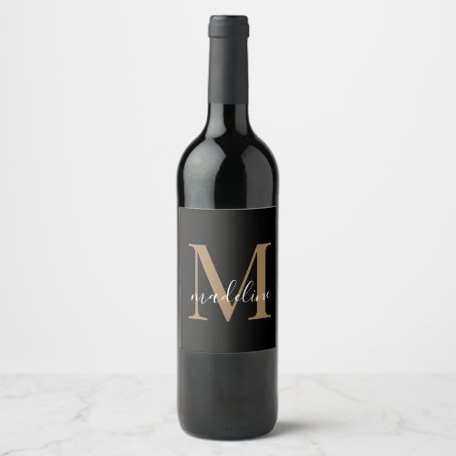 Modern Elegant Black Gold Monogram Script Name   W Wine Label