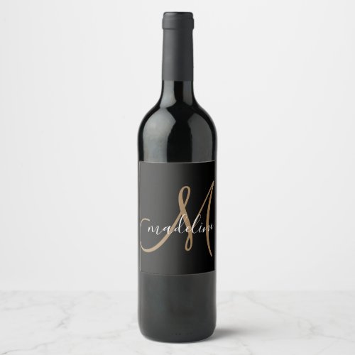 Modern Elegant Black Gold Monogram Script Name   W Wine Label