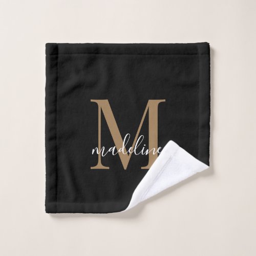 Modern Elegant Black Gold Monogram Script Name   Wash Cloth