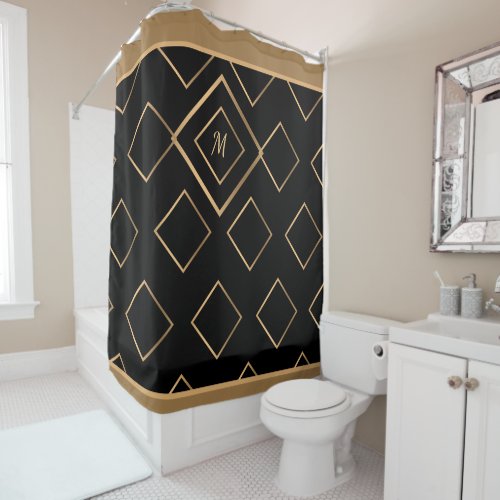 Modern Elegant Black Gold Monogram Stylish  Shower Curtain