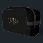 Modern Elegant Black Gold Monogram Travel Cosmetic Dopp Kit<br><div class="desc">Create your own custom, personalized, beautiful modern elegant faux gold script / typography monogram monogrammed, durable Polyester Poplin, sturdy polyester fabric mens womens kids solid plain black cosmetic makeup toiletry organizer golf beach accessory gym travel dopp kit bag pouch with a zippered closure, two interior mesh pockets - one zippered...</div>