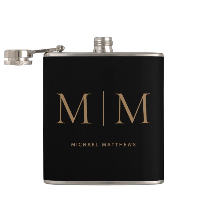 Modern Elegant Black Gold Monogrammed Initial Name Flask (Opened)