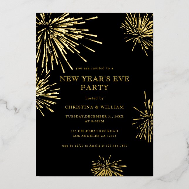 Modern Elegant Black Gold New Year's Eve Party Foil Invitation (Front)