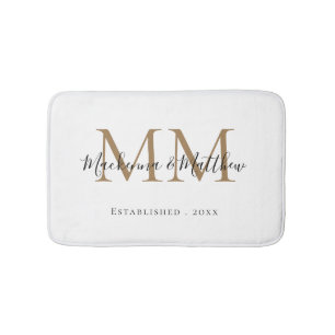 Modern Elegant Black Gold Newlywed Monogram Name Bath Mat