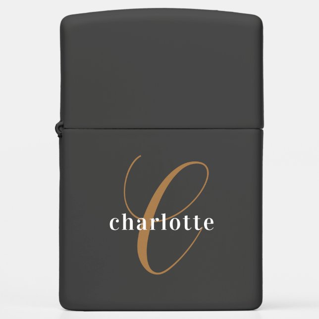 Modern Elegant Black Gold Personalized Monogram  Zippo Lighter (Front)