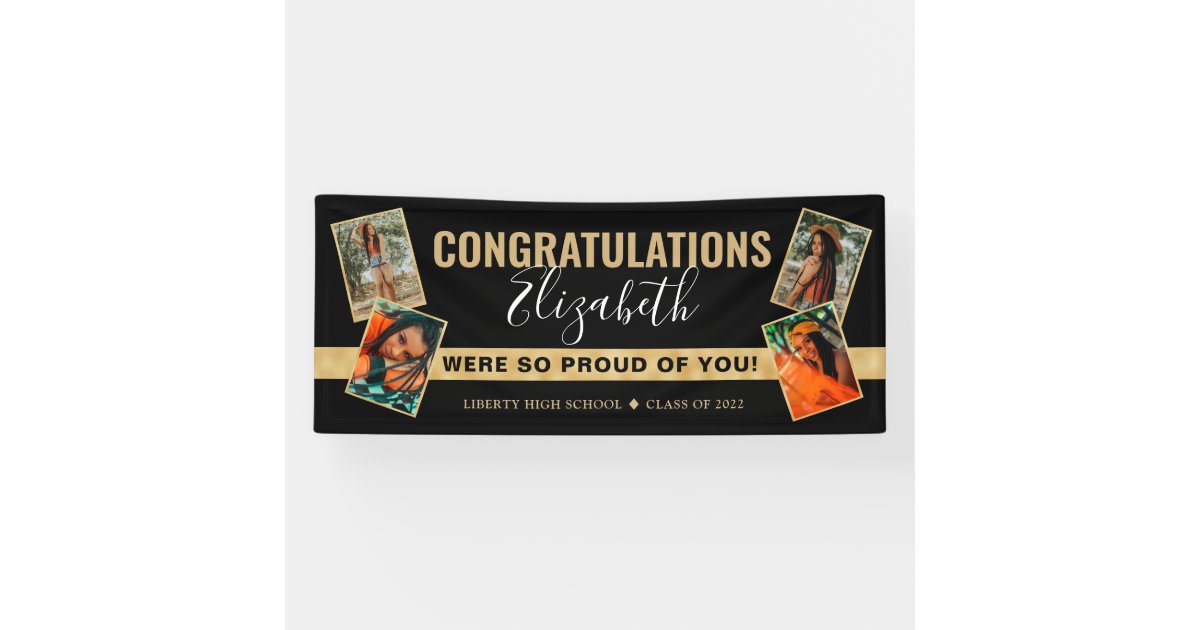 Modern Elegant Black Gold Photo Collage Graduation Banner | Zazzle