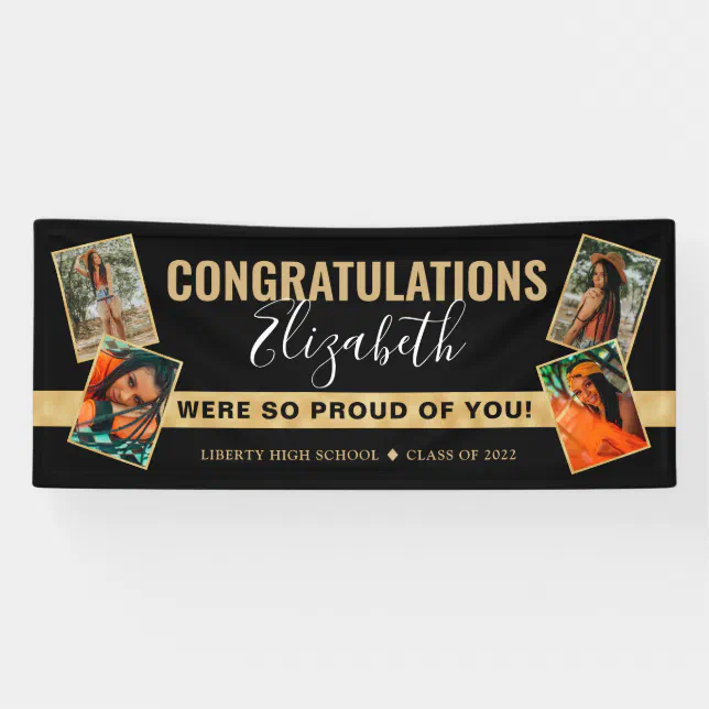 Modern Elegant Black Gold Photo Collage Graduation Banner | Zazzle