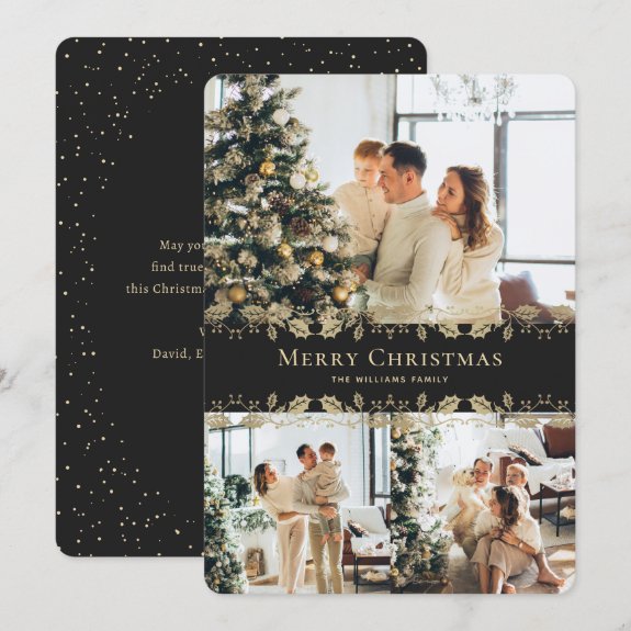 Modern Elegant Black Gold Photo Merry Christmas