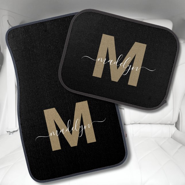 Modern Elegant Black Gold Script Monogram Car Floor Mat (Modern Elegant Black Gold Script Monogram Car Floor Mat)