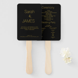 Modern Elegant Black Gold Script Wedding Program Hand Fan