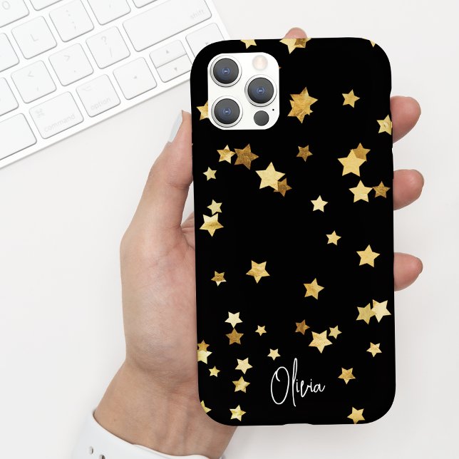 Modern Elegant Black Gold Stars Script w/ Name Case-Mate iPhone Case (Creator Uploaded)