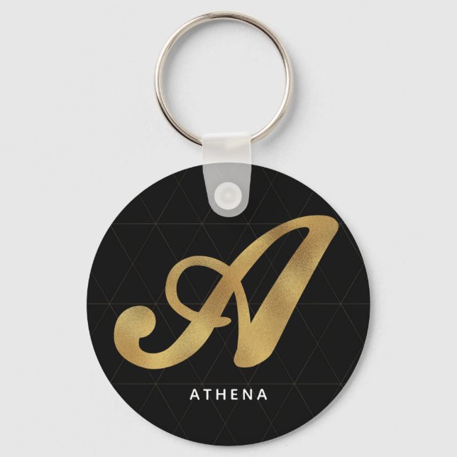Modern Elegant Black Gold Stylish Monogram A Keychain (Front)