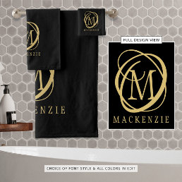 Modern Elegant Black Gold Stylish Monogram Bath Towel Set