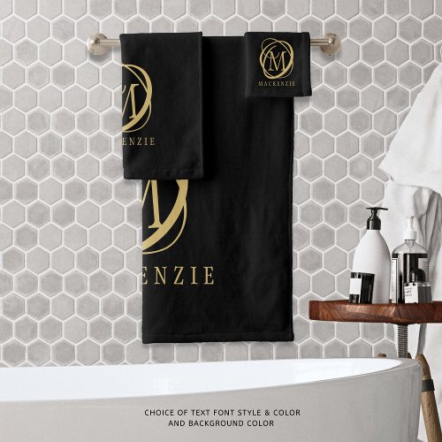 Modern Elegant Black Gold Stylish Monogram Bath Towel Set